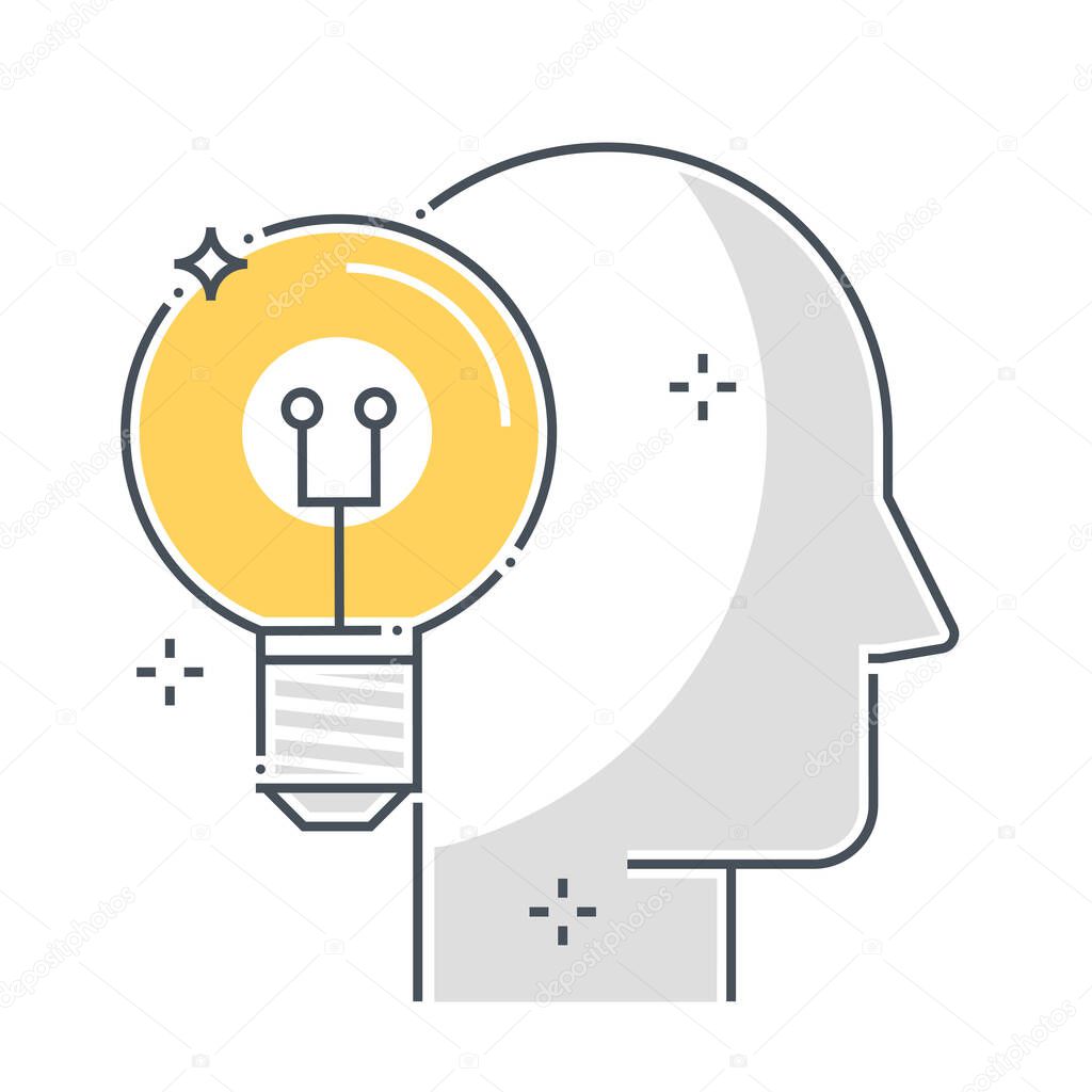 Creativity related color line vector icon, illustration. The icon is about idea, lamp, light, problem solving, avatar, face. The composition is infinitely scalable.