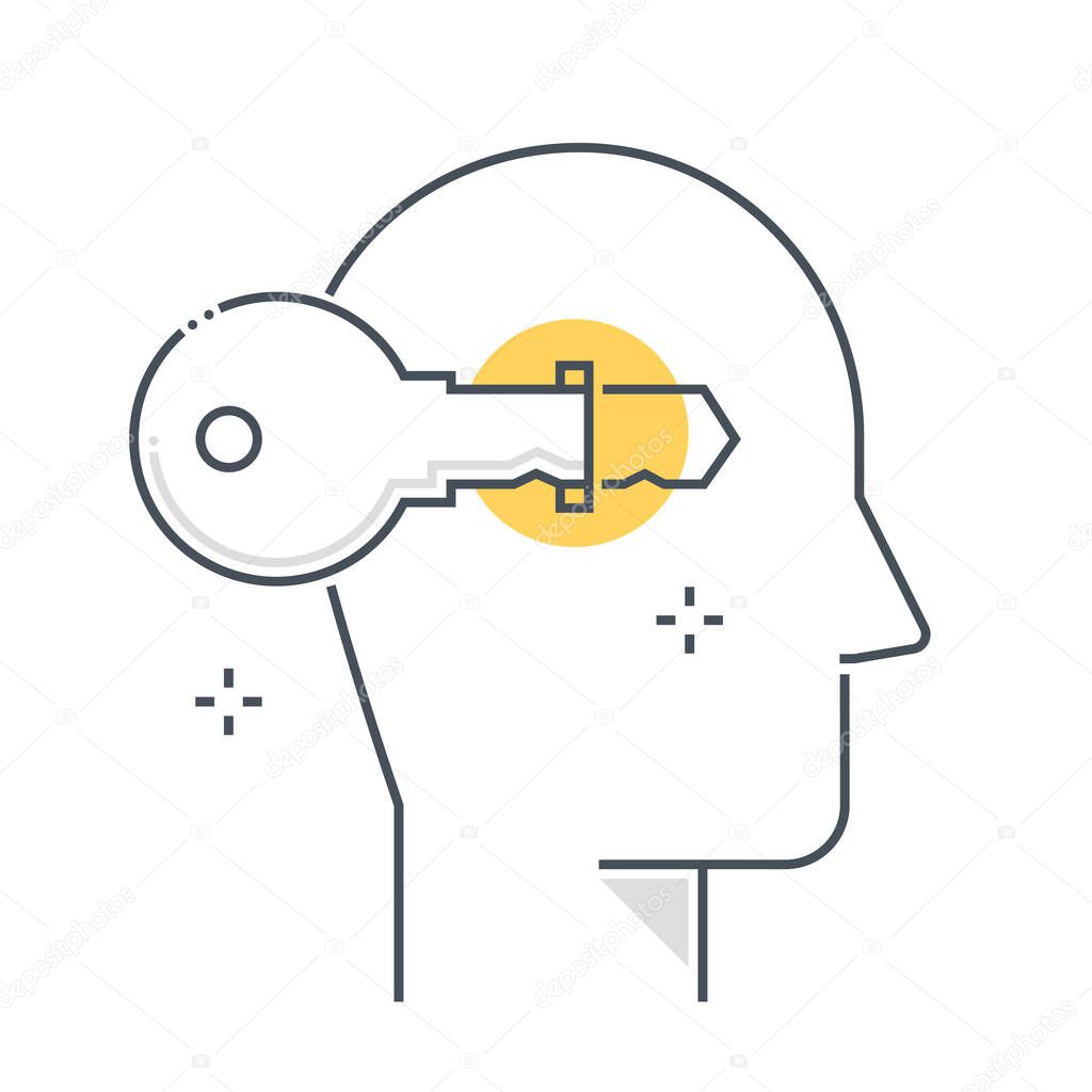 Problem solving related color line vector icon, illustration. The icon is about key, lock, new skills, solution, brain, brain storming, avatar, face. The composition is infinitely scalable.