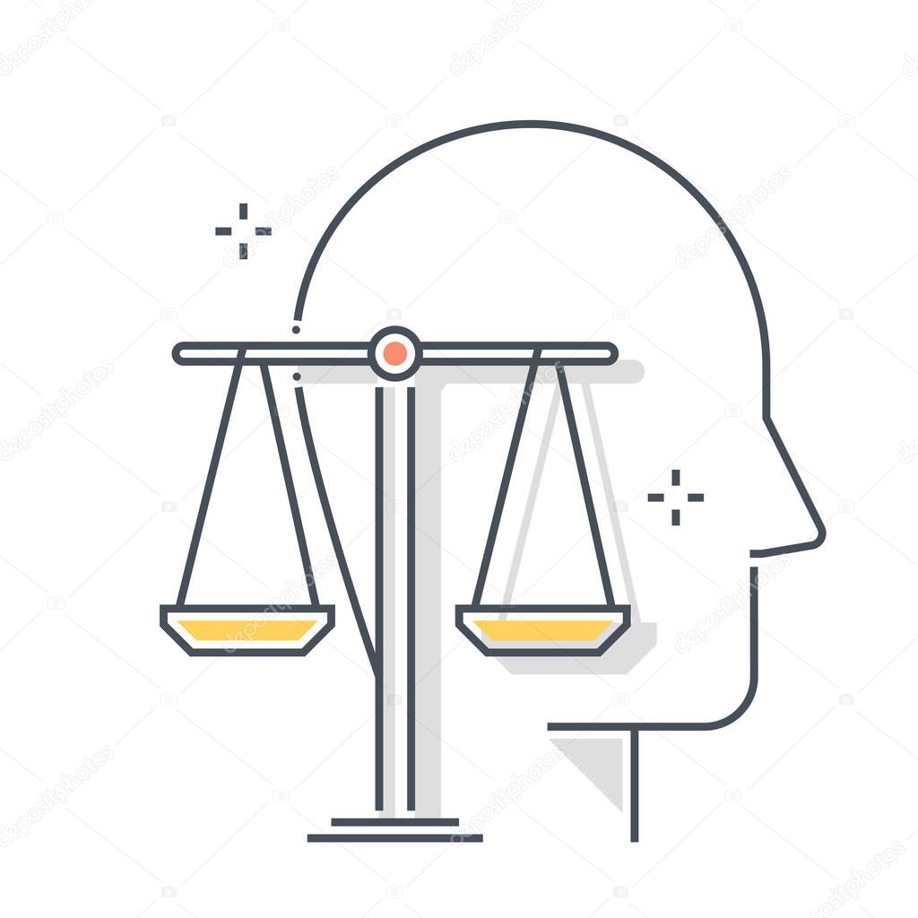 Law related color line vector icon, illustration. The icon is about management, principles, scale, equality, judgement, avatar, face. The composition is infinitely scalable.
