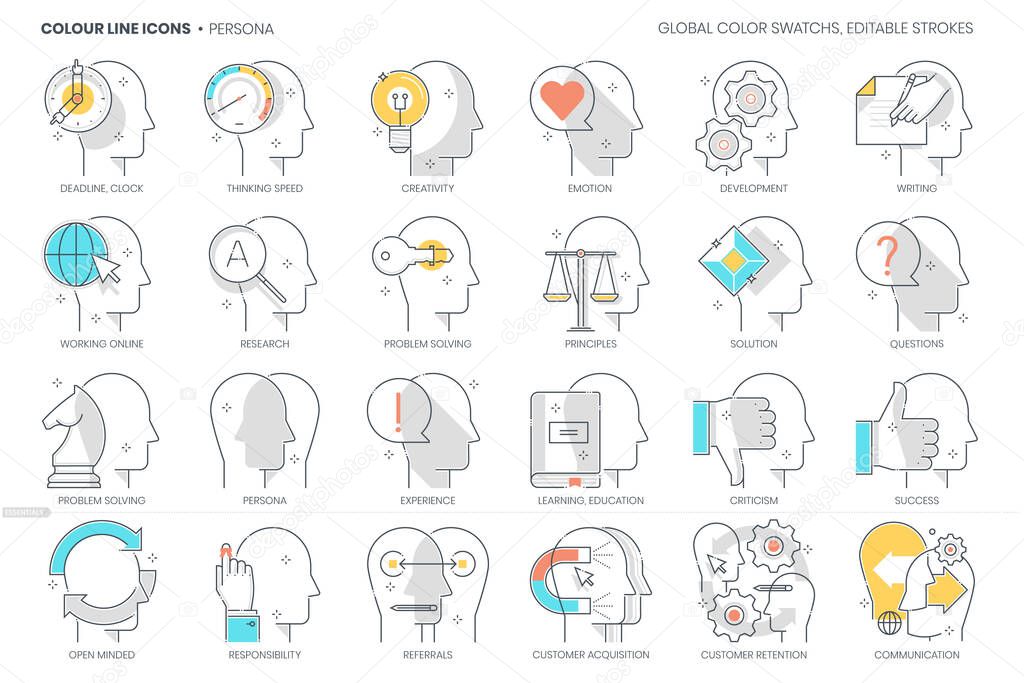 Persona related, color line, vector icon, illustration set. The set is about avatar, face, emotion, personality, new skills, male, female, neutral, man, woman, side profile.