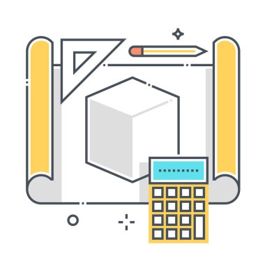 Ürün tasarımı ile ilgili renk çizgisi ikonu, illüstrasyon. İkonun konusu proje, geliştirme, mavi baskı, plan, hesap makinesi, plan. Bileşimi sınırsız ölçekte.