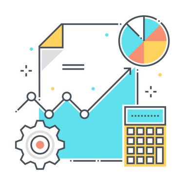 İstatistiklerle ilgili renk çizgisi vektör simgesi, illüstrasyon. İkonun konusu analitik, kağıt, hesap makinesi, pasta grafiği, grafik. Bileşimi sınırsız ölçekte.