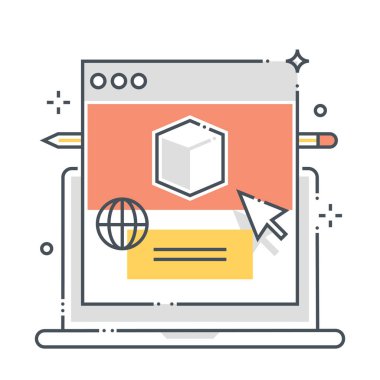 Ürün web sitesi bağlantılı renk çizgisi vektör simgesi, illüstrasyon. İkonun konusu reklam, ticaret, internet, kutu, promosyon. Bileşimi sınırsız ölçekte.