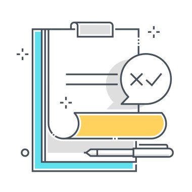 Panoyla ilgili renk çizgisi vektör simgesi, illüstrasyon. İkonun konusu evrak işleri, tasarım, ekipman, dosya, yapılacaklar listesi, yönetilen servis, kontrol işareti. Bileşimi sınırsız ölçekte..