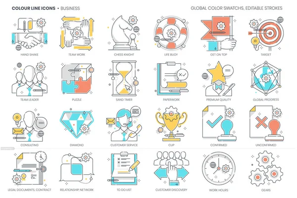 Negócios Relacionados Linha Cores Ícone Vetor Conjunto Ilustrações Ícone Sobre —  Vetores de Stock