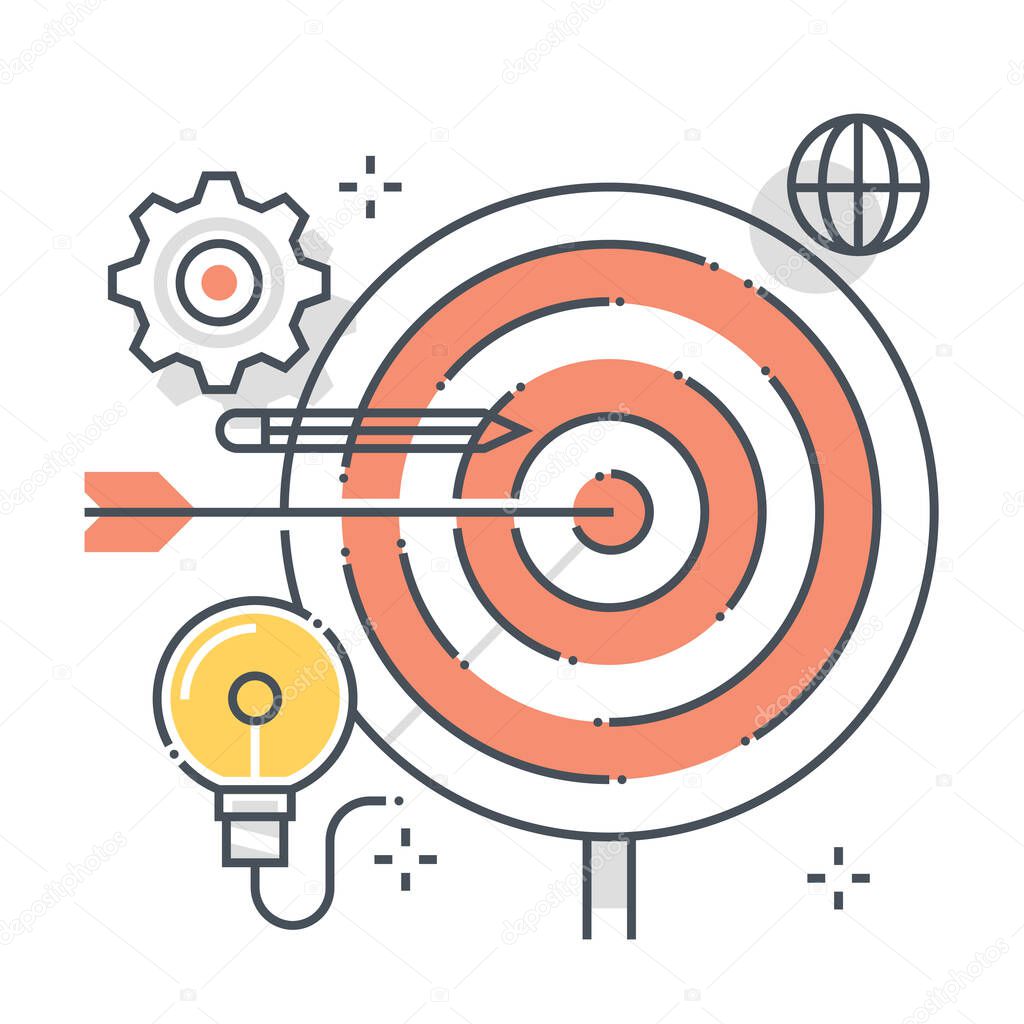Target related color line vector icon, illustration. The icon is about arrow, hit, center, bulls eye, mark, gear. The composition is infinitely scalable.