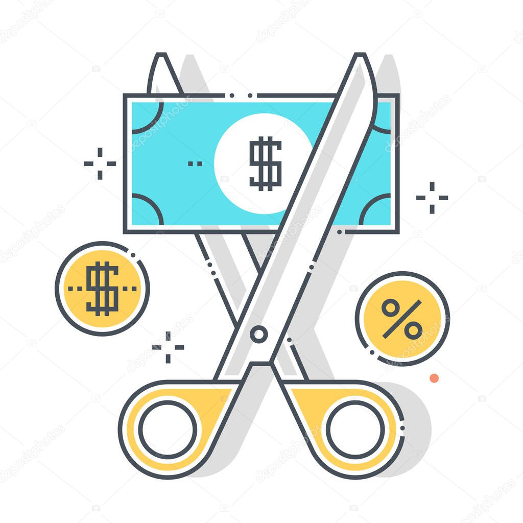 Expenses related color line vector icon, illustration. The icon is about scissors, tax cut, Vat, share. The composition is infinitely scalable