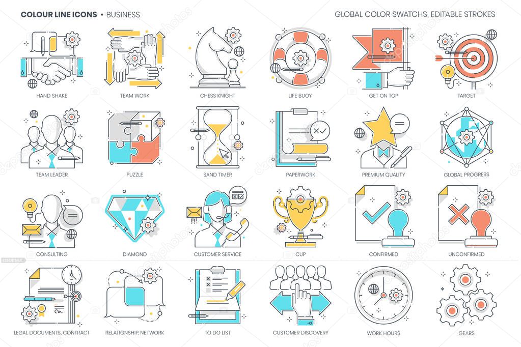 Business related, color line, vector icon, illustration set. The icon is about agreement, strategy, team work, market fit, time management, network, consulting, finance, network ,office,  partnership.