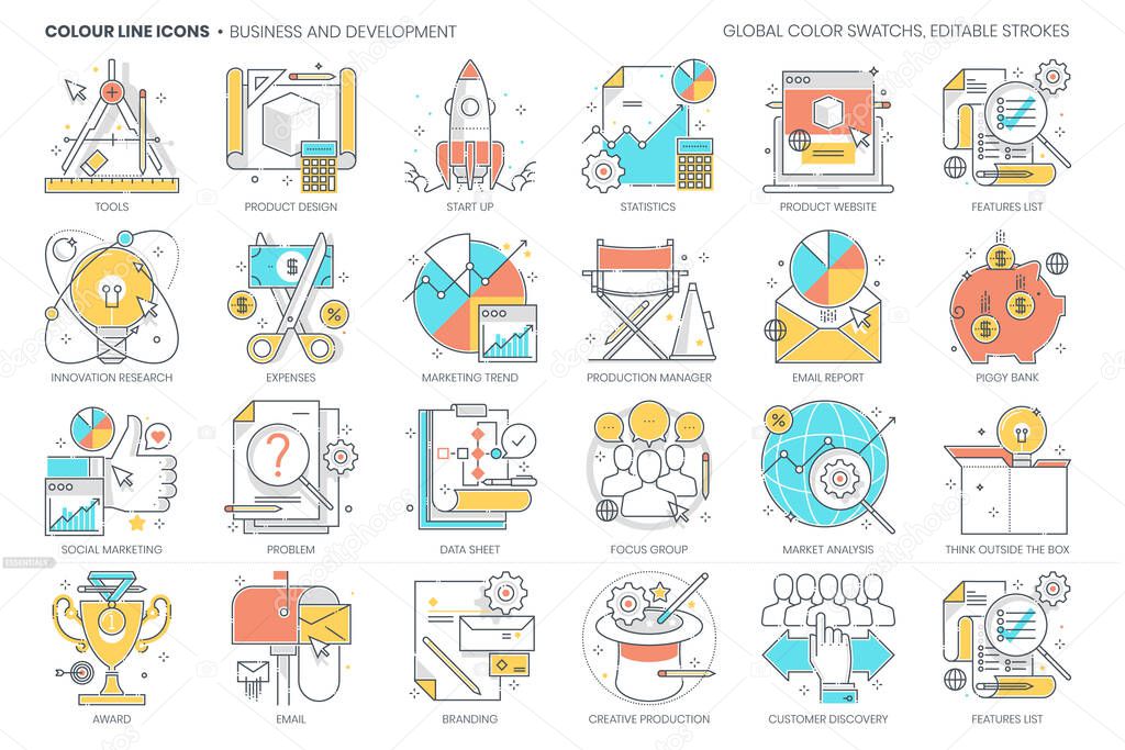 Business development related, color line, vector icon, illustration set. The set is about product design, blue print, start up, statistics, pie chart, product website,, innovation, creativity.