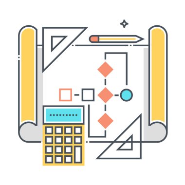 İş akışıyla ilgili renk çizgisi ikonu, illüstrasyon. Simge veri tablosu, akış şeması, süreç, gelişme, tel çerçeve, ilerleme, düzen hakkında.