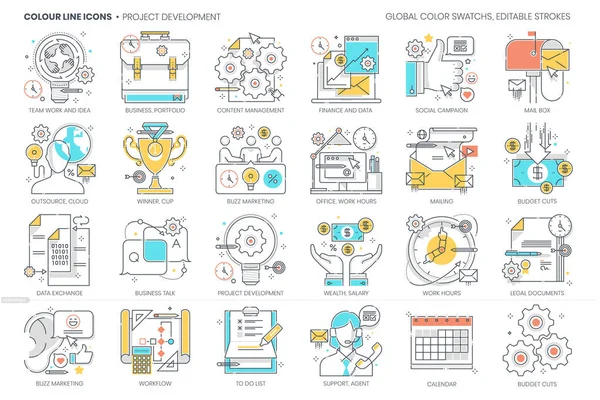 Desenvolvimento Projeto Relacionado Linha Cores Ícone Vetor Conjunto Ilustrações Conjunto —  Vetores de Stock