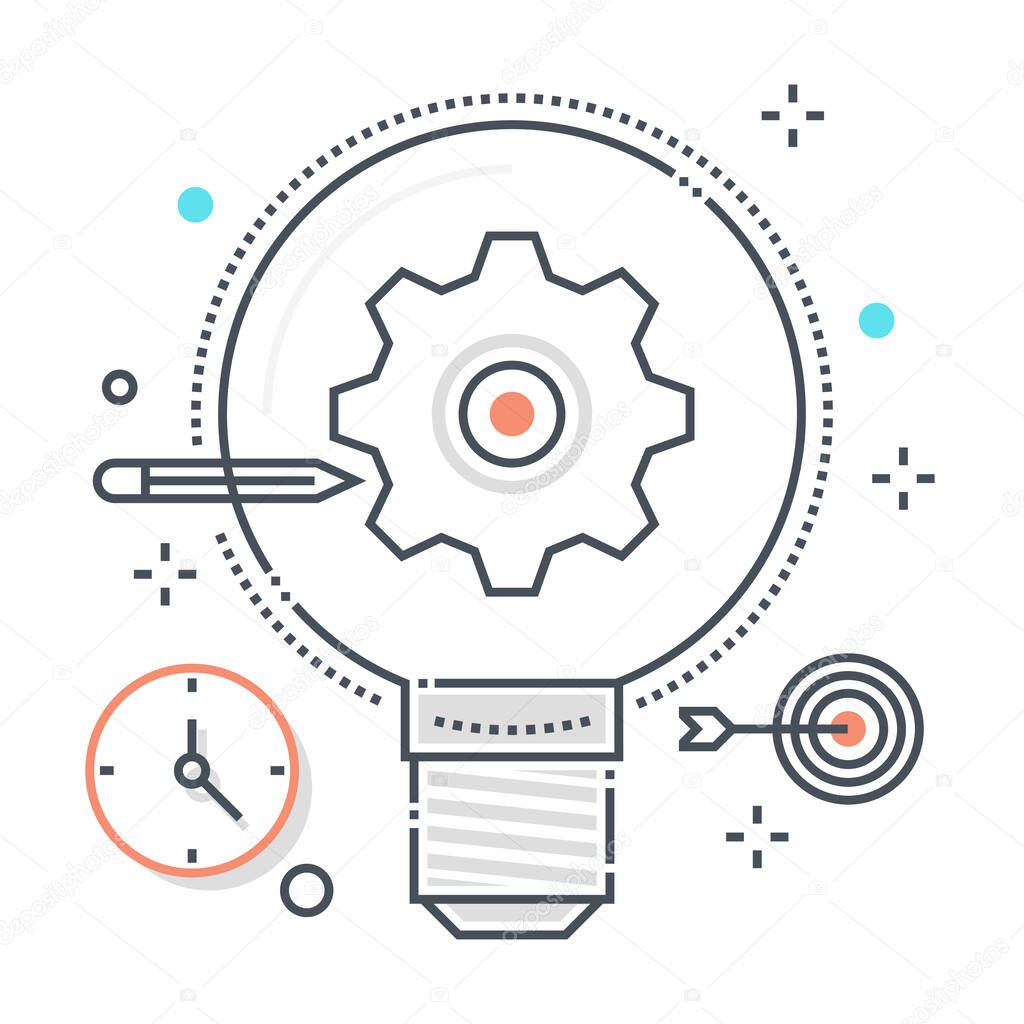 Project development related color line vector icon, illustration. The icon is about creativity, project, development, idea, lamp, brainstorming, gear.