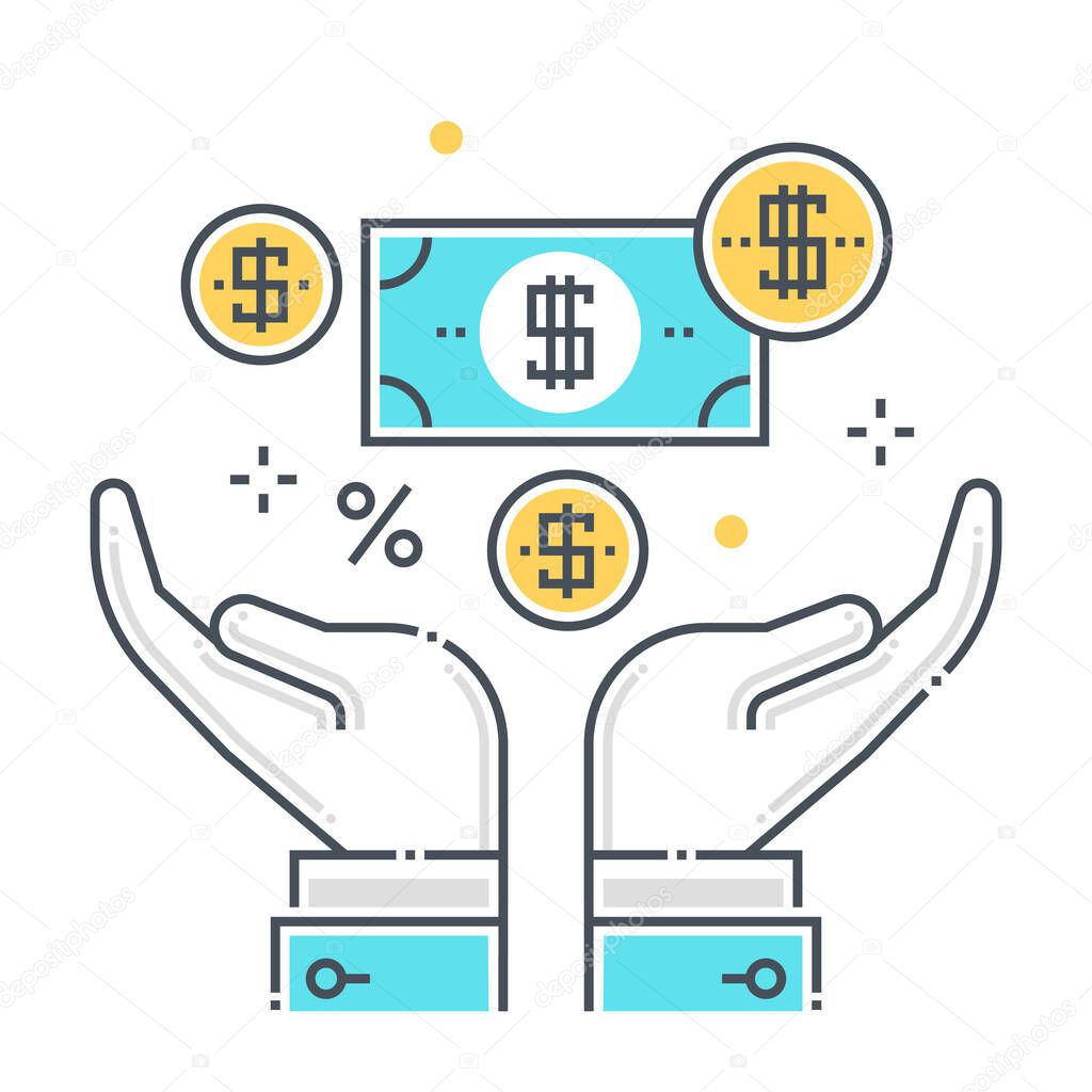 Wealth related color line vector icon, illustration. The icon is about salary, money, income, hands, raining money, payroll, funds.