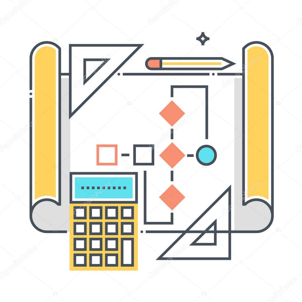 Work flow related color line vector icon, illustration. The icon is about data sheet, flowchart, process, development, wire frame, progress, order.