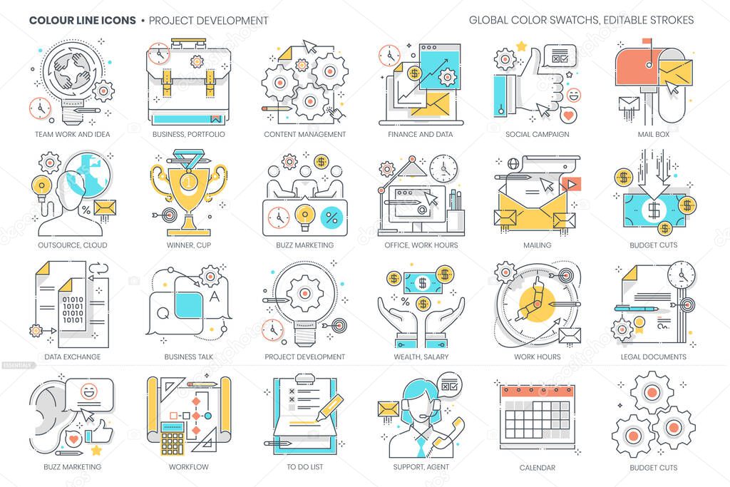 Project development related, color line, vector icon, illustration set. The set is about salary wealth, economic, money, company, start up, business, team work, portfolio, suitcase, outsource.