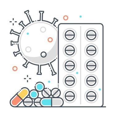 Haplarla ilgili renk çizgisi ikonu, illüstrasyon. İkonun konusu tedavi, ilaç, eczane, korona virüsü, kontaminasyon, salgın. Bileşimi sınırsız ölçekte..