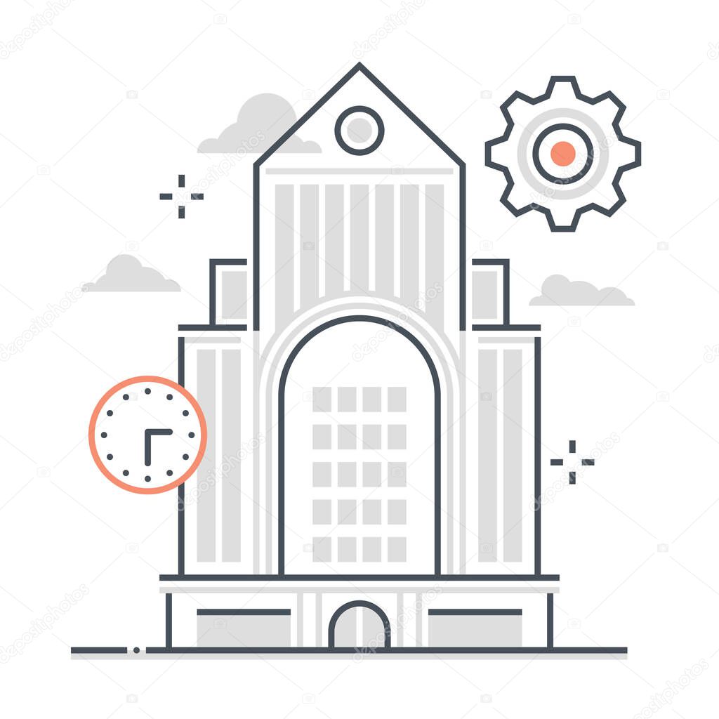 Office building related color line vector icon, illustration. The icon is about architecture, building, district, office, sky, tower, business, gear. The composition is infinitely scalable.