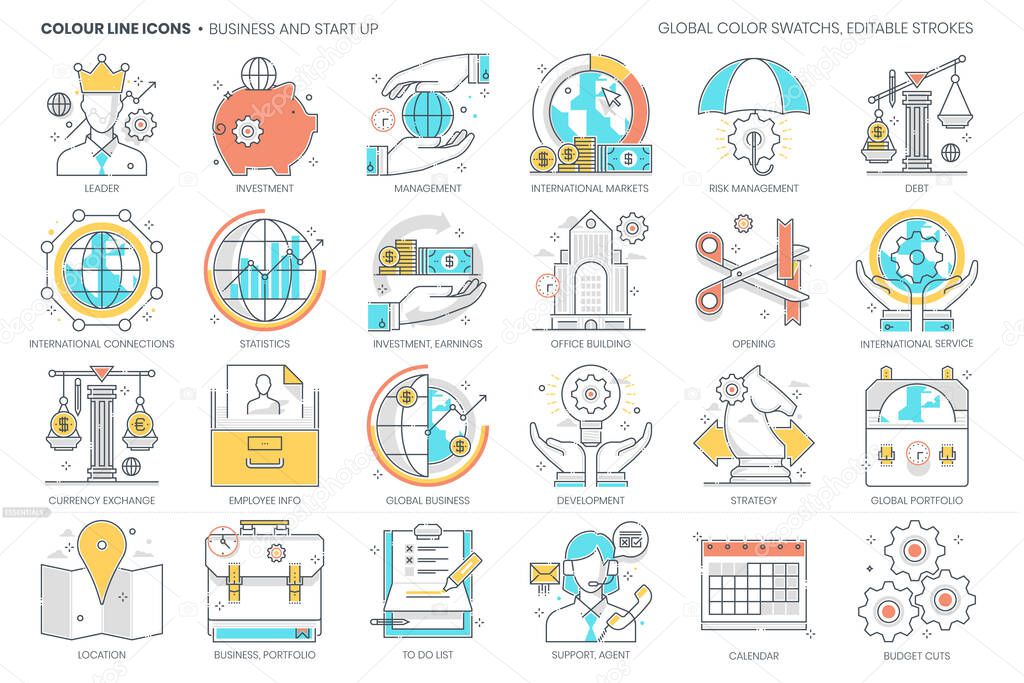 Business and start up related, color line, vector icon, illustration set. The set is about economy, market, office, investment, statistics, economics, finance. The composition is infinitely scalable.