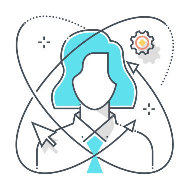 Kişisel gelişimle ilgili renk çizgisi vektör simgesi, illüstrasyon. İkonun konusu öğrenme, çalışan, iş adamı, atom, beceri ve imleç. Bileşimi sınırsız ölçekte..