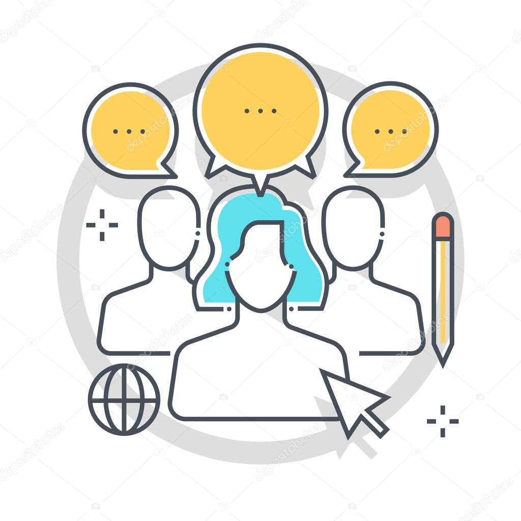 Focus group related color line vector icon, illustration. The icon is about customer discovery, people, analyst, types, employees, market research. The composition is infinitely scalable