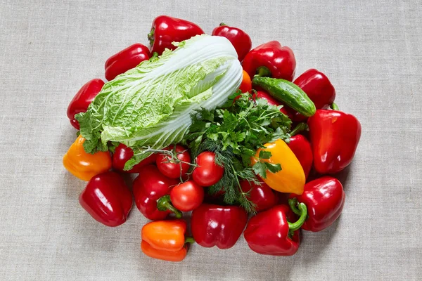 Lahana, salatalık, rezene, maydanoz, sarı, turuncu, kırmızı tuval üzerine kırmızı biber
