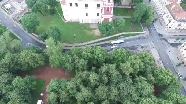 Şehir içinde ağaçlar üzerinde dikey uçuş — Stok video