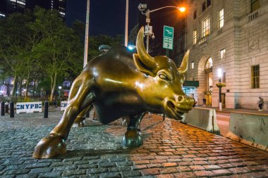 New York, ABD. 8-31-17: Gece vakti Manhattan, New York 'ta boğaya hücum.