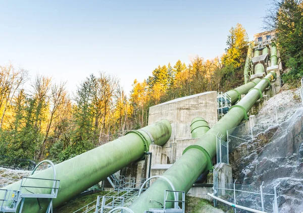 Double Green Penstock Transfer Lot Water Generate Electric Power — Stock Photo, Image