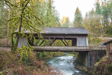 Köprü evi şekli, sabahları Cedar Creek değirmeni manzarası, Washington, ABD.