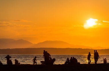 Yazın, Seattle, ABD 'de, gün batımında, plajdaki siluet insanların manzarası..