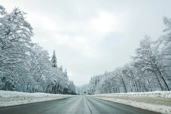 Kış Mevsiminde Yüksek Kar Seviyesi Olan Boş Bir Yol — Stok fotoğraf