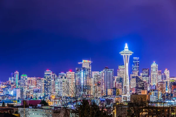 Vista Panorâmica Seattle Cityscape Noite Washington Eua — Fotografia de Stock