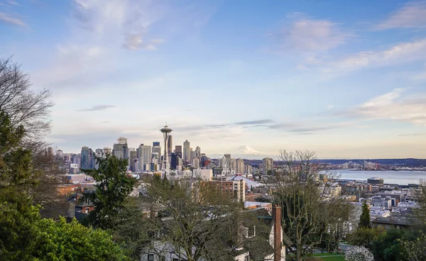 Vista Panorámica Del Paisaje Urbano Seattle Atardecer Washington Disparar Uso — Foto de Stock