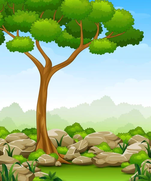 Paisaje selvático con árbol y piedra — Vector de stock