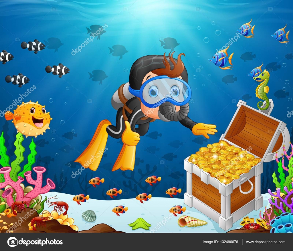Cartoon diver under the sea with treasure Stock Illustration by