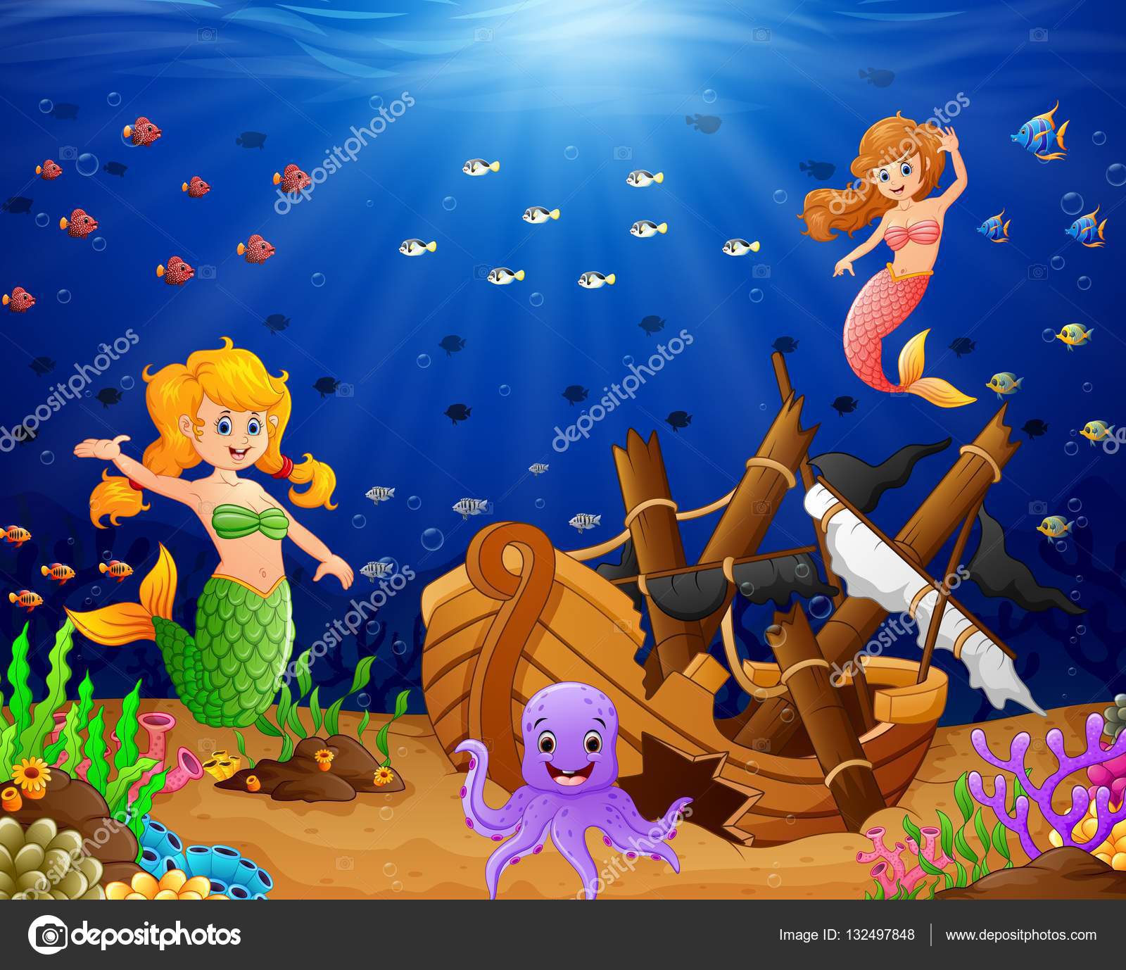 Карикатурная Русалка Под Морем Векторное Изображение ©dualoro.