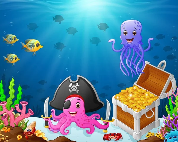 Kreslený chobotnice pirát s medúzy a poklad — Stockový vektor