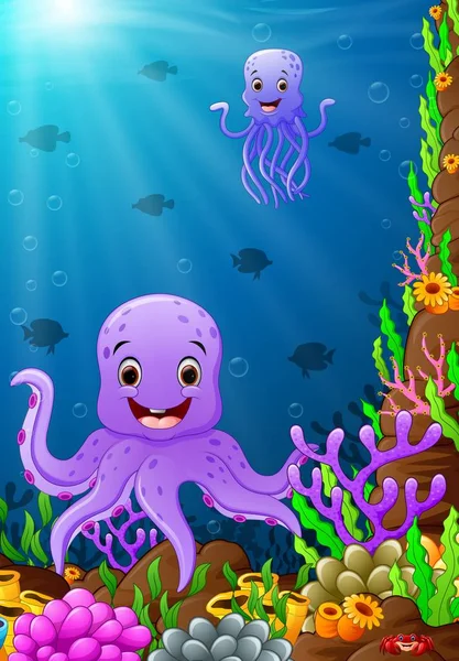 Cartoon octopus met kwallen onder de boom — Stockvector