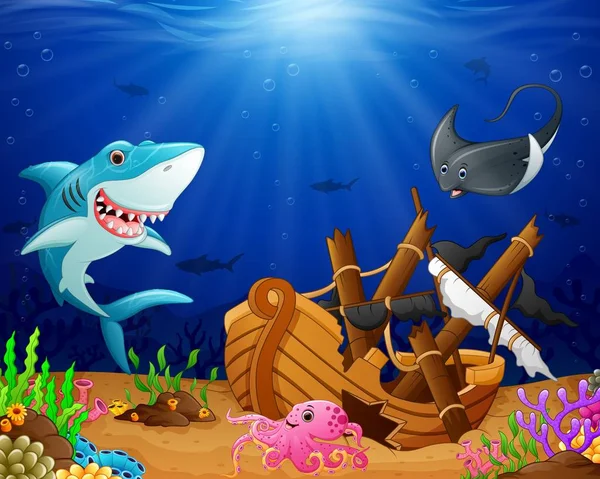 Kreslený žralok s mečounem pod mořem — Stockový vektor