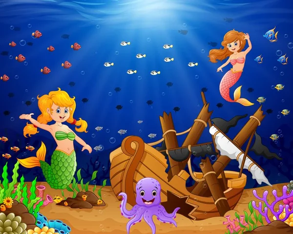 海の下で漫画人魚 — ストックベクタ