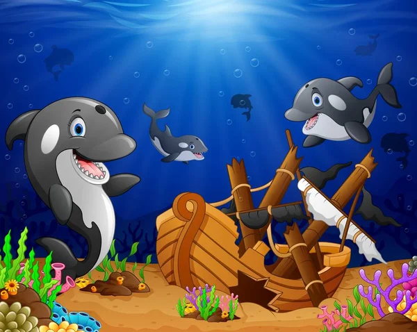 Golfinho dos desenhos animados sob o mar — Vetor de Stock