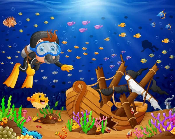 Cartoon diver under the sea — Stock Vector
