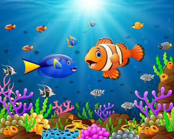 Peces de dibujos animados bajo el mar — Vector de stock