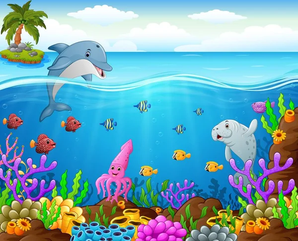 Peces de dibujos animados bajo el mar — Vector de stock