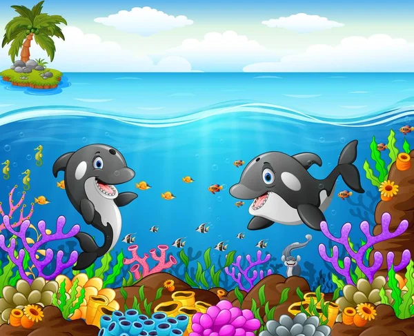 Ballena de dibujos animados bajo el mar — Vector de stock