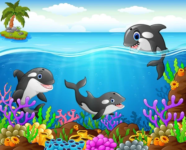 海の下で漫画クジラ — ストックベクタ