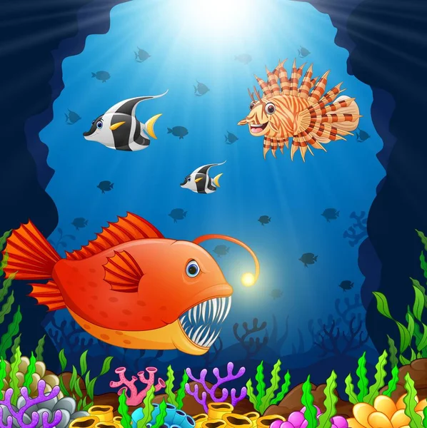 Ikan kartun di bawah laut - Stok Vektor