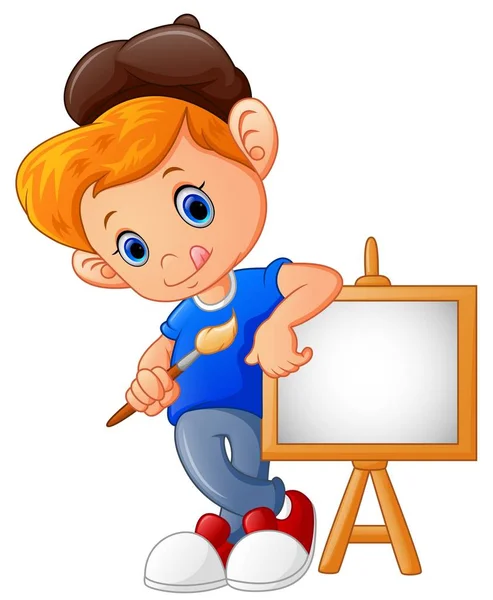 Desenhos animados menino segurando pincel — Vetor de Stock