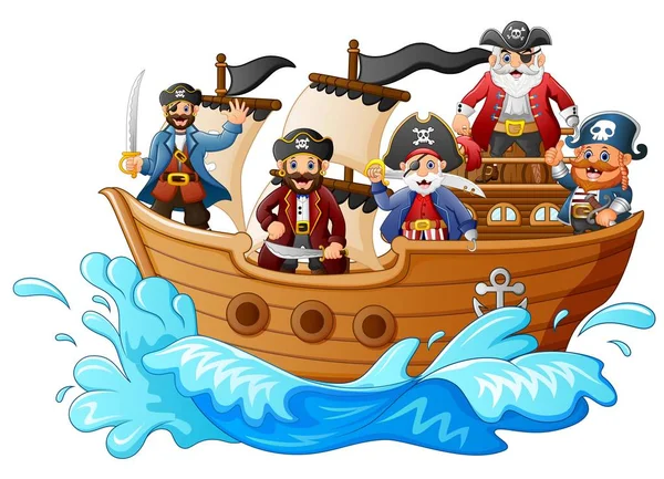 Groupe de pirates sur le bateau — Image vectorielle
