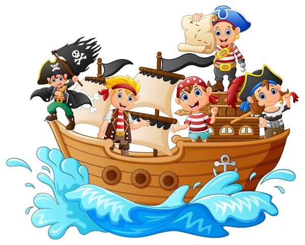Grupo de piratas en el barco — Vector de stock